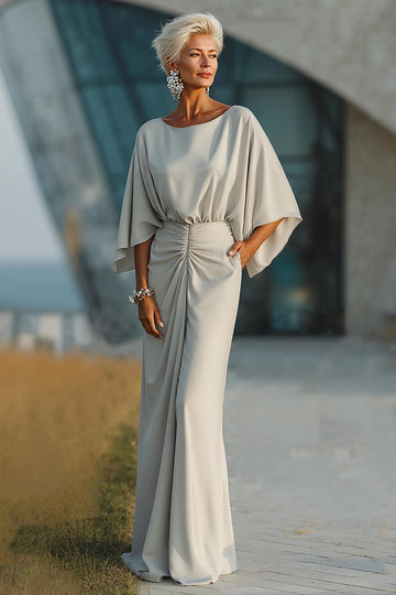 Silver 3/4 Sleeve Ruched Mother of Bride Dress